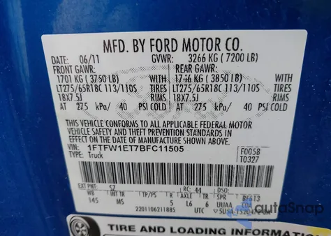 2011 Ford F-150 Xlt из США, поврежденный, VIN 1FTFW1ET7BFC11505